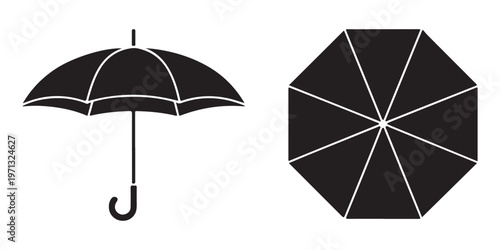 Black umbrella opened side view and top view isolated on white background vector graphic.
