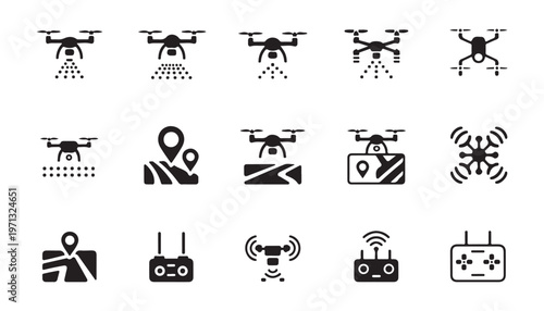 Drone and map icon set, such as agricultural drones, mapping, monitoring, and remote control.