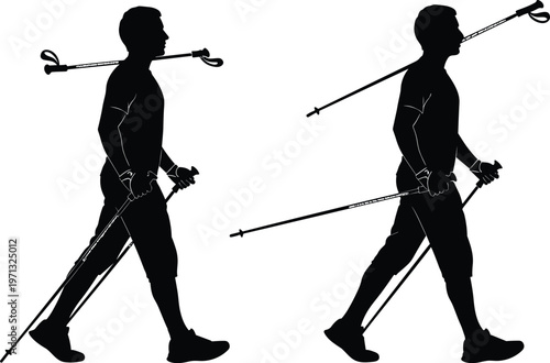 Black silhouette vector of men walking with nordic poles for hiking, trekking, and outdoor exercise in a healthy active lifestyle.