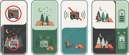 Camping Power Generator Safety Icons and Scenes: No Noise, Charging Battery, Night and Day Vector Illustration