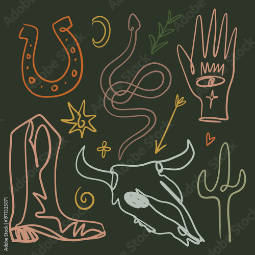 Modern mystical cowgirl illustration with a bull skull, snake, and traditional western elements like a horseshoe and cowboy boot. Clean linear minimalist aesthetic with a touch of southwestern desert