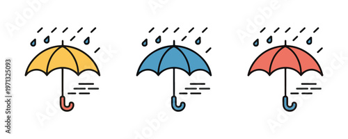 Set of three umbrellas in yellow blue and red colors with rain and wind, flat icon collection, vector illustration.