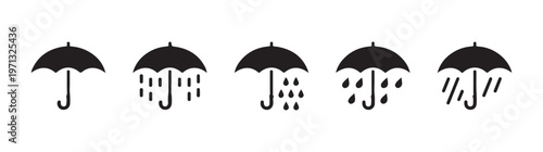 Umbrella weather icons illustrating rain intensity with water drops falling from protective shield vector graphics.