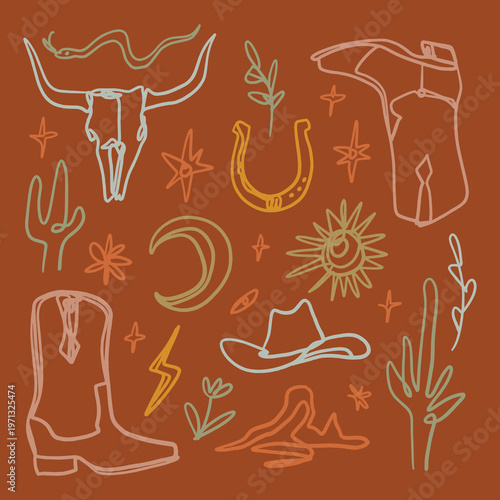 Quadro su tela Groovy one line western logo set, minimalist desert symbols in elegant boho styl
