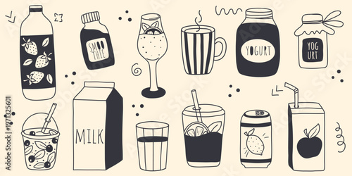 Drinks set - juice, milk, smoothies, cocktails, drinking yogurt and tea, doodle style. Hand drawn jars, bottles, cups and glasses. Vector elements