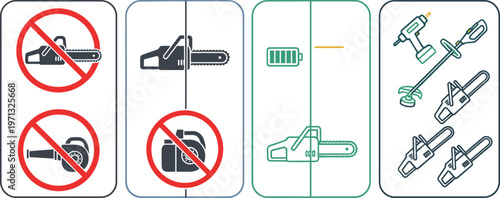 Four signs indicating which power tools are not allowed and which are permitted