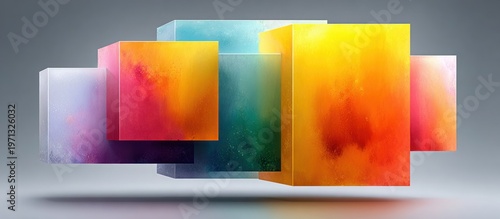 Abstract cubes float with colorful watercolor gradients on a soft gray background