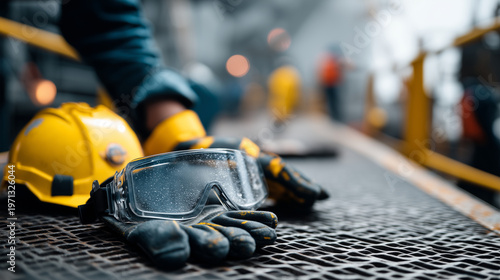 close candid of workers gloves, helmet, and goggles placed on grated rig floor, blurred figures in motion in background, cinematic editorial realism, imperfect framing, branded op