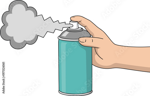 Spray can in hand illustration, aerosol paint or disinfectant mist, pressure bottle vector design