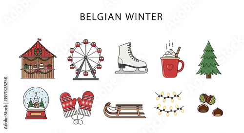 Belgian Winter Icons Collection Festive Holiday Season Elements.