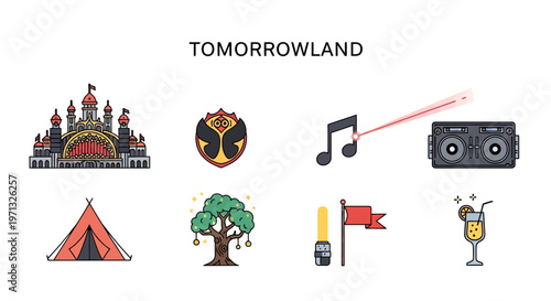 Tomorrowland Festival Icons Collection Featuring Castle Music Tent Tree and Drinks.