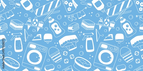  Laundry and ironing attributes seamless pattern. Washing powder, washing machine, conditioner, laundry basket, iron and ironing board, white doodle on blue background. Print, vector graphic
