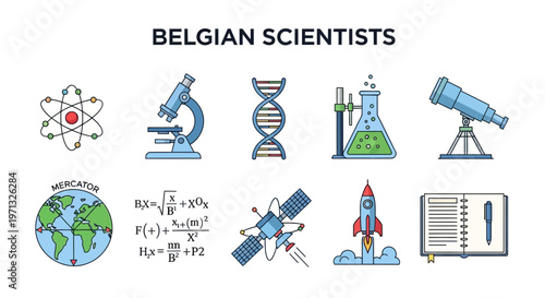 Collection of Belgian Scientists Icons and Symbols Representing Scientific Discovery.