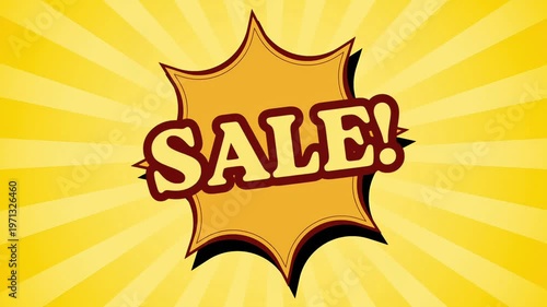 Sale animated banner with comic explosion background, bold promo text motion, ideal for retail ads, ecommerce promotions and social media