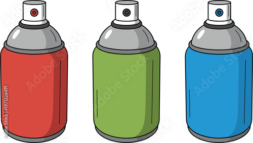 Spray paint cans set, colorful aerosol bottles collection, graffiti art supplies vector illustration design