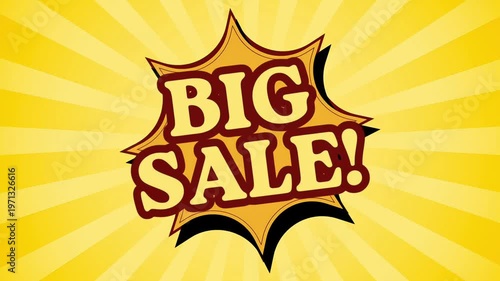 Big Sale animated banner with comic burst background, bold discount text motion, perfect for promo ads, retail marketing and social media