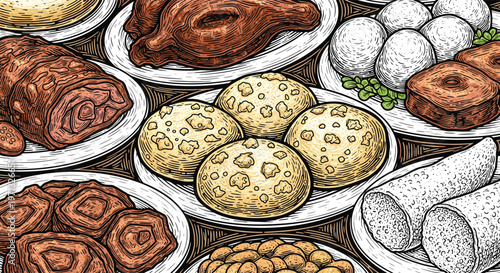 Delicious Traditional Cuisine Collection Featuring Meat, Bread, and Pastry Dishes in Detailed Vintage Style for Food and Culinary Designs