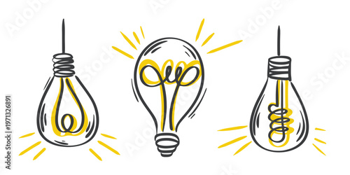 Set glowing incandescent light bulbs hand-drawn . Electric lamp - symbol of idea generation, thinking, deliberation, concept generation. Lamps with light beams, doodle style, vector elements