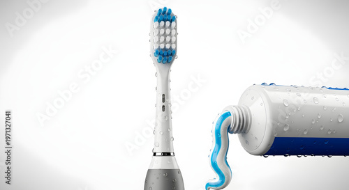 Electric Toothbrush and Toothpaste on White Background