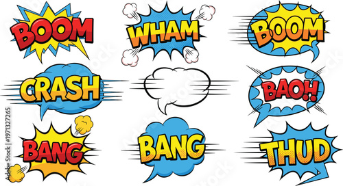 Explosive Comic Sound Effects Set with Boom, Crash, Bang, Wham, and Thud in Bold, Vibrant Speech Bubbles for Comics and Graphic Design