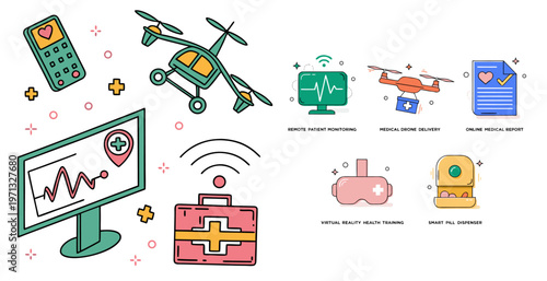 A vector graphic illustration of various medical icons and symbols for healthcare and emergency services