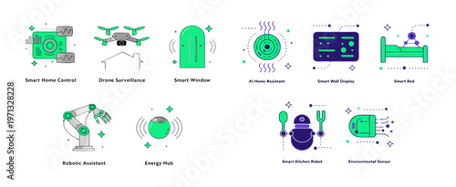 A set of colorful vector icons depicting various smart home devices and technology concepts