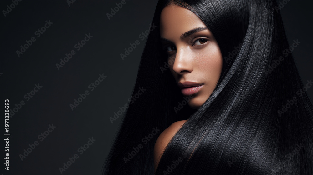 Fototapeta premium beautiful woman with long sleek glossy black hair, luxury hair care beauty campaign portrait, healthy shiny straight dark hair model