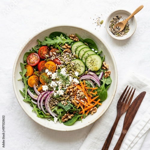 Colorful Salad Bowl Flat Lay Top View Healthy Eating Fresh Greens Tomatoes Cucumbers Seeds on White Background