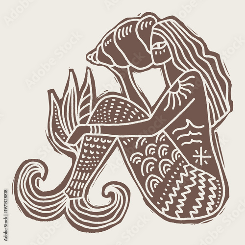 Linocut style illustration minimalist mermaid goddess, traditional folk art aesthetics, modern line work linocut engraving vector clipart. Perfect for mystical decor, nautical folklore books and more
