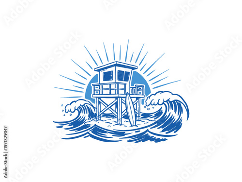 Lifeguard tower with ocean wave. Surfing club artwork. Coastal vibes design for t shirt. Summer good vibes. Paradise beach resort graphic
