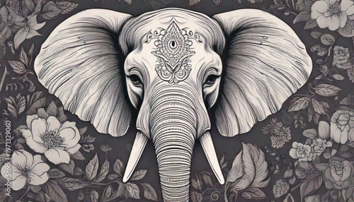 Intricate Elephant Portrait with Floral Motifs.