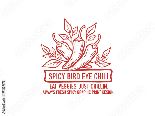 Spicy chili pepper design. Bird eye chili artwork. Organic vegan food. Hot vegetable graphic print design for t shirt. Fresh spicy food.. Bird eye chi