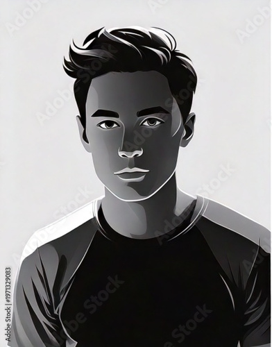 Young man with short dark hair and serious expression.