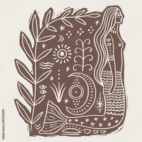 Linocut style illustration minimalist mermaid goddess, traditional folk art aesthetics, modern line work linocut engraving vector clipart. Perfect for mystical decor, nautical folklore books and more
