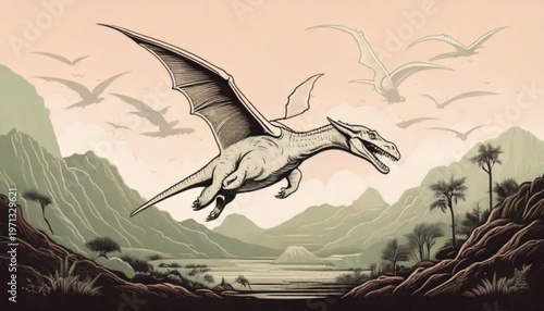 Pixel art dragon flying over a prehistoric landscape.