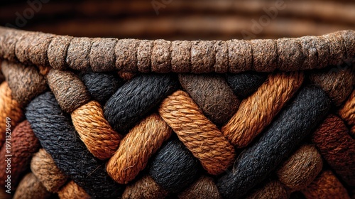Close-up of a woven basket showcasing brown, tan, and black textures