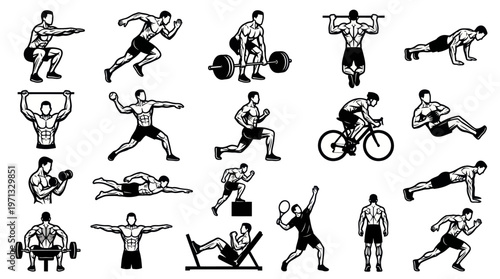 Fitness Sports Workout Exercises Black and White Line Art Vector Icons Set