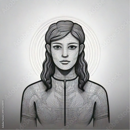 Portrait of a young woman with curly hair and a serious expression.