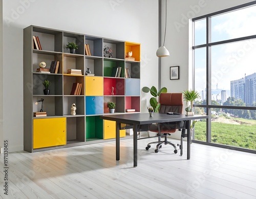 A modern office space boasts a colorful bookcase, dark desk, and ergonomic chair. Large windows offer cityscape views, with ample natural light