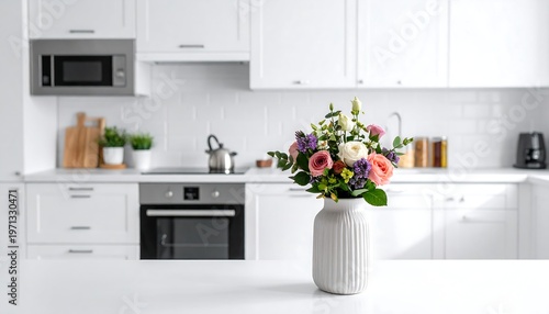 A modern kitchen showcases a white countertop adorned with a flower arrangement in a vase. Backdrops feature cabinetry and appliances