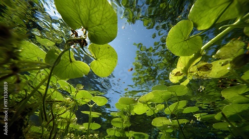 A view of leaves from underwater at a low angle.