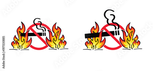 Attention, stop do not open fire or campfire flame. No flames allowed sign. Stop, forbidden no smoking pictogram. Stop, no smoke cigarette, tobacco or cigarettes. No smoking day