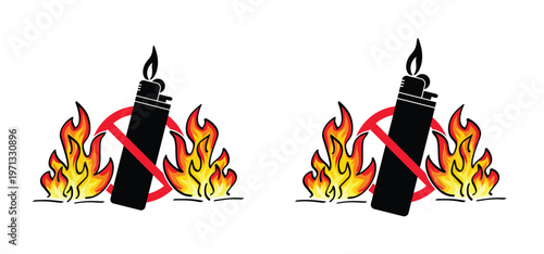 Do not open fire or campfire flame. No flames allowed sign. Stop, no gas cigarette lighter icon. Forbid lighters. Pocket light fire symbol or logo. Smokers tools. Cigar, tobacco tool. Forbidden, red c