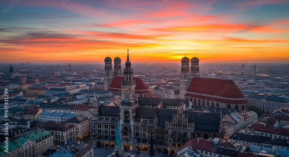 Fototapeta premium Munich skyline at sunset with Frauenkirche and New Town Hall, Germany
