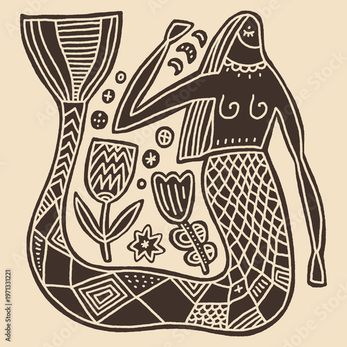 Linocut style illustration minimalist mermaid goddess, traditional folk art aesthetics, modern line work linocut engraving vector clipart. Perfect for mystical decor, nautical folklore books and more