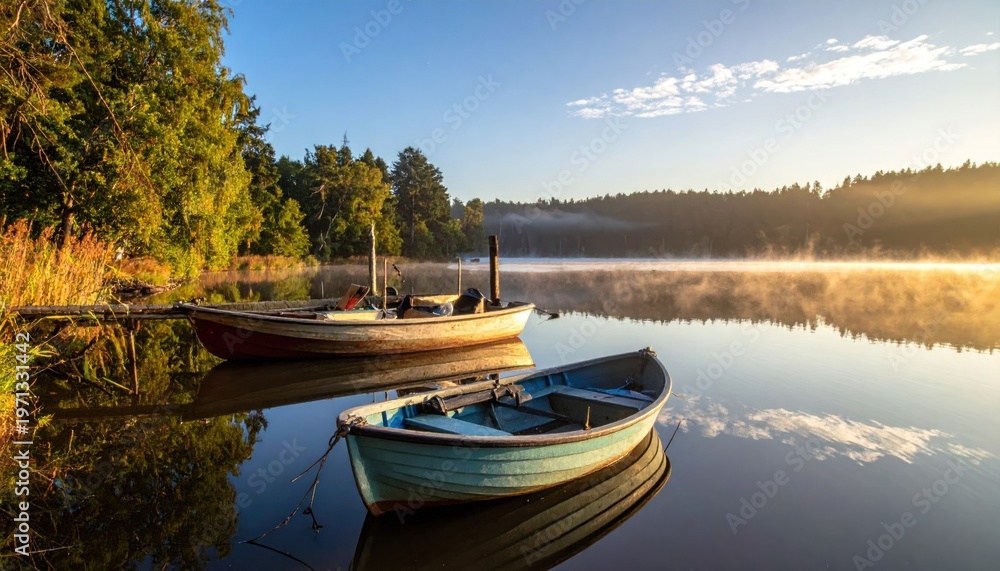 Obraz premium Two boats on calm lake sunrise