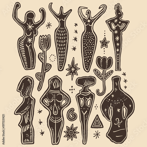 Minimalist Neolithic Mother Goddess, vector clip-art boho sacred feminine abstract figures in linocut engraving style, nature grounding illustration