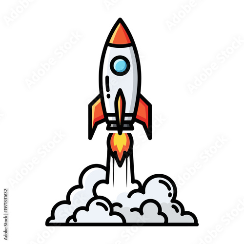 Rocket Launching into Space with Fiery Exhaust and Smoke Clouds