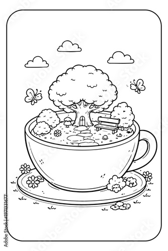 Whimsical Teacup Landscape with Tree, Bench, Butterflies, and Flowers Coloring Page