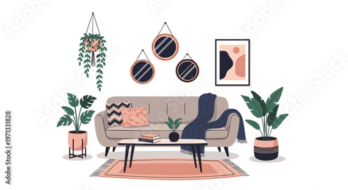 Modern and cozy living room interior featuring a grey sofa a wooden coffee table mirrors on the wall and various green houseplants.